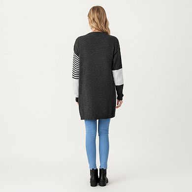 Women's Long Sleeve Color Block Striped Knit Cardigan with Front Pockets