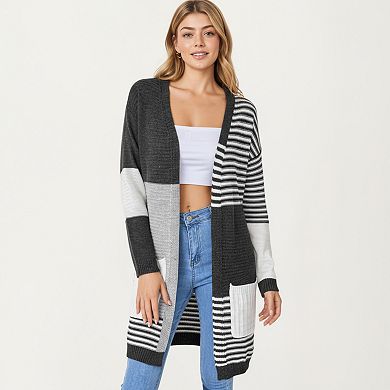 Women's Long Sleeve Color Block Striped Knit Cardigan with Front Pockets