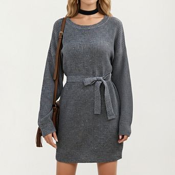 Women's Long Sleeve Knit Sweater Dress with Waist Tie Belt and Ribbed Texture