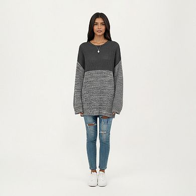 Women's Long Sleeve Color Block Knit Sweater with Textured Waffle and Marled Stitch Design