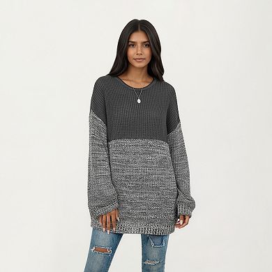 Women's Long Sleeve Color Block Knit Sweater with Textured Waffle and Marled Stitch Design