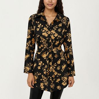 Women's Long Sleeve Button-Down Tunic Shirt with Waist Tie and Floral Print