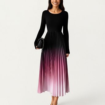 Women's Long Sleeve Pleated Maxi Dress with Gradient Ombre Skirt and Fitted Bodice