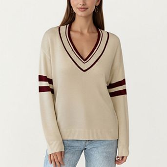Women's Long Sleeve V-Neck Knit Sweater with Contrast Stripe Trim and Ribbed Hem