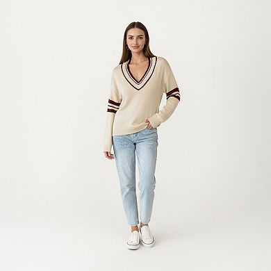 Women's Long Sleeve V-Neck Knit Sweater with Contrast Stripe Trim and Ribbed Hem