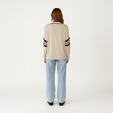 Women's Long Sleeve V-Neck Knit Sweater with Contrast Stripe Trim and Ribbed Hem