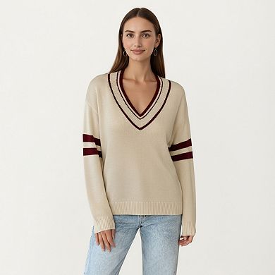 Women's Long Sleeve V-Neck Knit Sweater with Contrast Stripe Trim and Ribbed Hem