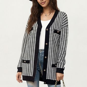 Women's Long Sleeve Houndstooth Knit Cardigan with Button Front and Pocket Detail