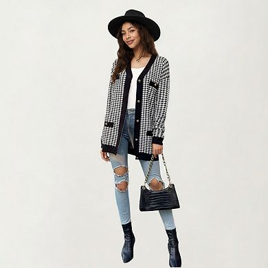 Women's Long Sleeve Houndstooth Knit Cardigan with Button Front and Pocket Detail