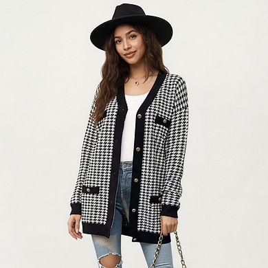 Women's Long Sleeve Houndstooth Knit Cardigan with Button Front and Pocket Detail