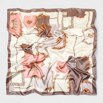 Women's Satin Square Scarf with Baroque Frame and Chain Print