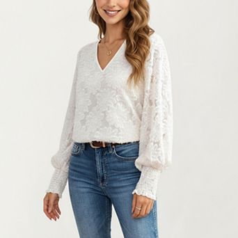 Women's V-Neck Long Sleeve Lace Top with Smocked Cuffs and Textured Floral Pattern