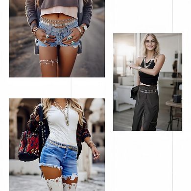 Women's Layered Coin Charm Chain Belt with Adjustable Fit and Textured Detailing