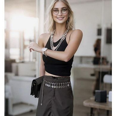 Women's Layered Coin Charm Chain Belt with Adjustable Fit and Textured Detailing