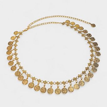 Women's Layered Coin Charm Chain Belt with Adjustable Fit and Textured Detailing