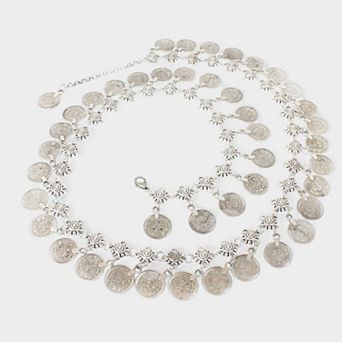 Women's Layered Coin Charm Chain Belt with Adjustable Fit and Textured Detailing