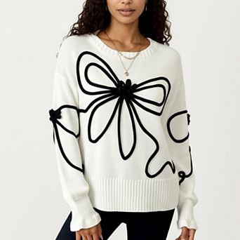 Women's Long Sleeve Knit Sweater with Oversized Bow Embroidery and Ribbed Trim