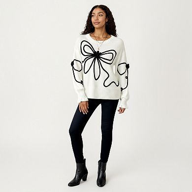 Women's Long Sleeve Knit Sweater with Oversized Bow Embroidery and Ribbed Trim