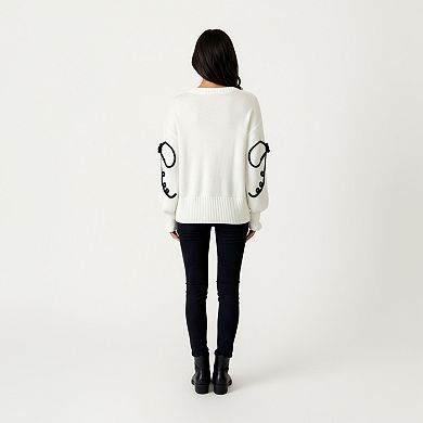 Women's Long Sleeve Knit Sweater with Oversized Bow Embroidery and Ribbed Trim