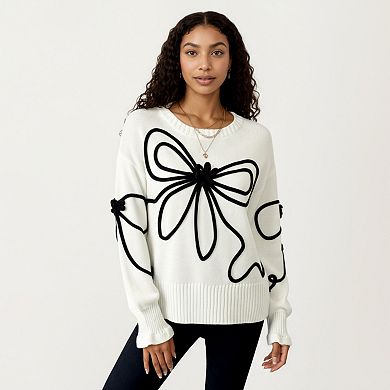 Women's Long Sleeve Knit Sweater with Oversized Bow Embroidery and Ribbed Trim