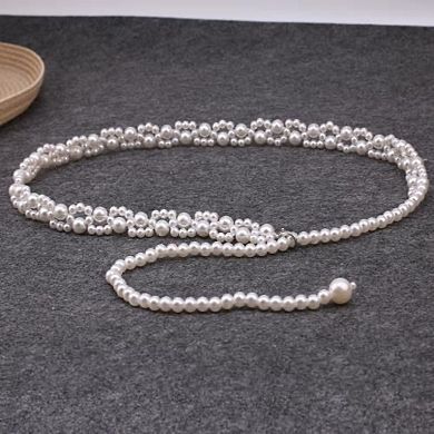 Women's Faux Pearl Beaded Waist Chain Belt with Clustered Design and Adjustable Length