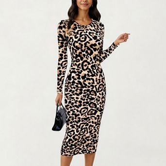Women's Long Sleeve Leopard Print Bodycon Midi Dress with Crew Neck and Stretch Fit