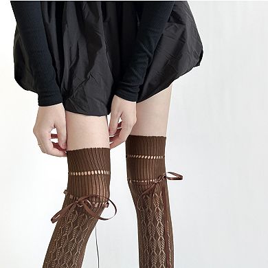 Women's Over-the-Knee Knit Socks with Diamond Pattern and Ribbon Bow Detail