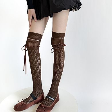 Women's Over-the-Knee Knit Socks with Diamond Pattern and Ribbon Bow Detail