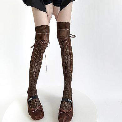 Women's Over-the-Knee Knit Socks with Diamond Pattern and Ribbon Bow Detail