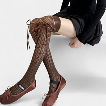 Women's Over-the-Knee Knit Socks with Diamond Pattern and Ribbon Bow Detail
