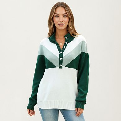 Women's Color Block Long Sleeve Knit Sweater with Button Collar and Ribbed Hem