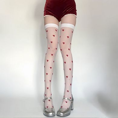 Women's Sheer Over-the-Knee Heart Pattern Mesh Stockings with Elastic Band