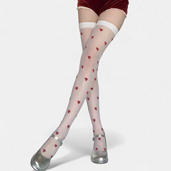 Women's Sheer Over-the-Knee Heart Pattern Mesh Stockings with Elastic Band