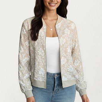 Women's Sheer Floral Lace Bomber Jacket with Ribbed Trim and Front Zip Closure