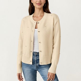 Women's Long Sleeve Faux Pearl Embellished Knit Cardigan with Button Front Closure