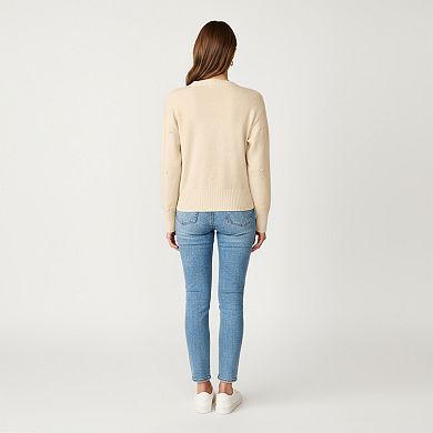 Women's Long Sleeve Faux Pearl Embellished Knit Cardigan with Button Front Closure