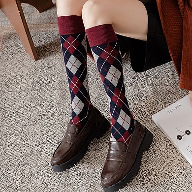 Women's 2-Piece Set Classic Argyle Knit Crew Socks with Soft Stretch Ribbed Cuffs