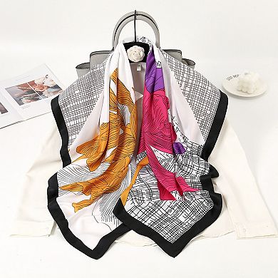 Women's Colorblock Floral Satin Square Scarf with Modern Line Art Design