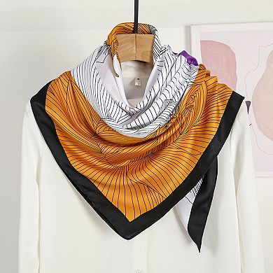Women's Colorblock Floral Satin Square Scarf with Modern Line Art Design