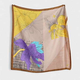 Women's Colorblock Floral Satin Square Scarf with Modern Line Art Design