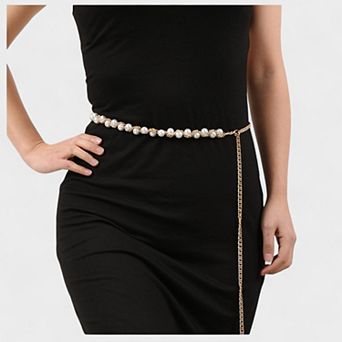 Women's Pearl Beaded Chain Belt with Adjustable Drop Chain and Decorative Accents
