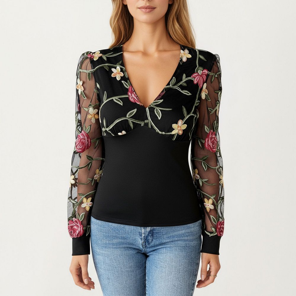 Dress Floral Embroidered Mesh Top Anna-Kaci Women's Long Sleeve Sheer  Floral Embroidered Mesh Top With Fitted Bodice Medium, Black