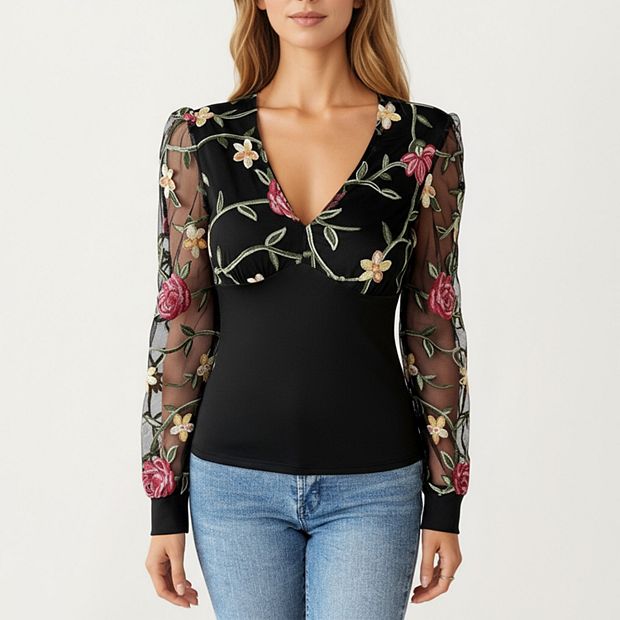 Women's Long Sleeve Sheer Floral Embroidered Mesh Top with Fitted