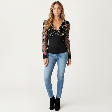 Women's Long Sleeve Sheer Floral Embroidered Mesh Top with Fitted Bodice