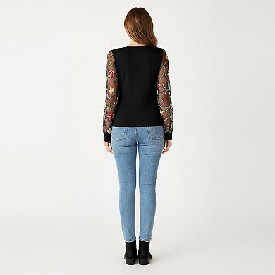 Women's Long Sleeve Sheer Floral Embroidered Mesh Top with Fitted Bodice