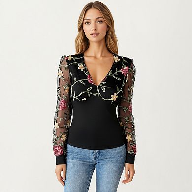 Women's Long Sleeve Sheer Floral Embroidered Mesh Top with Fitted Bodice