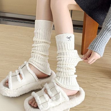 Women's Ribbed Knit Leg Warmers with Embroidered Bow Detail