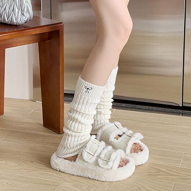Women's Ribbed Knit Leg Warmers with Embroidered Bow Detail