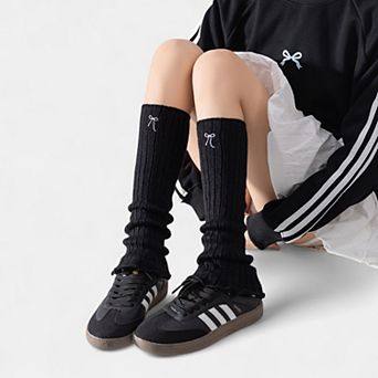 Women's Ribbed Knit Leg Warmers with Embroidered Bow Detail