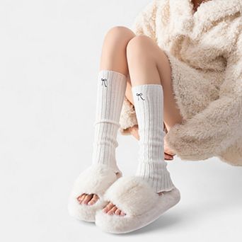 Women's Ribbed Knit Leg Warmers with Embroidered Bow Detail
